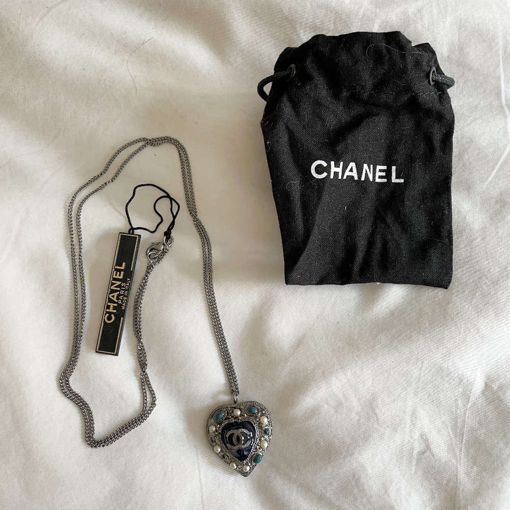 Chanel Heart Necklace w/ Enamel & Pearls